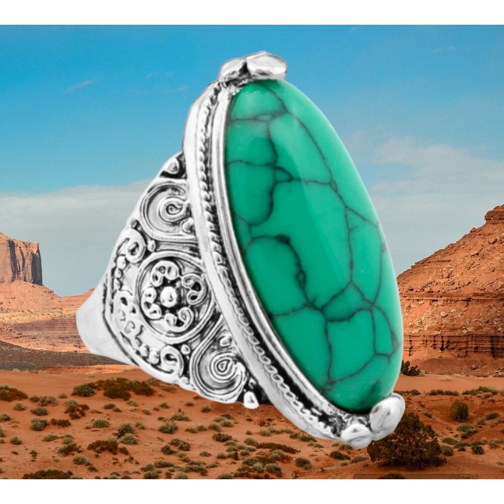 Boho Oval Turquoise Antique Silver Plated Carved Ring 1.5" x .7"
